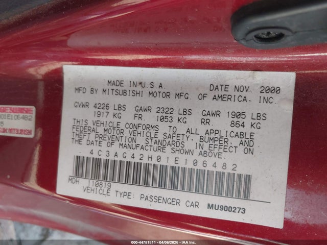 Aukcja sprzedaży 2001 Chrysler Sebring Lx, vin: 4C3AG42H01E106482, numer aukcji: 44781811
