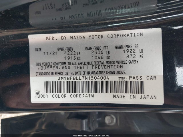 44781832 :رقم المزاد ، JM1BPBLL7N1504004 vin ، 2022 Mazda Mazda3 Preferred مزاد بيع