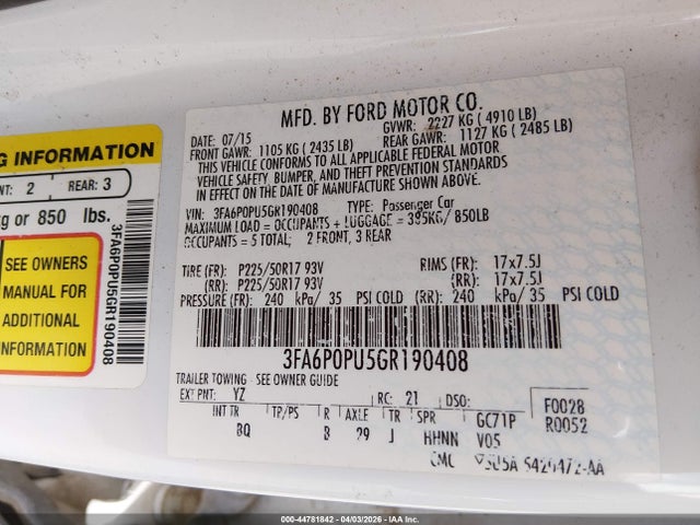 Продаж на аукціоні авто 2016 Ford Fusion Energi Se Luxury, vin: 3FA6P0PU5GR190408, номер лоту: 44781842