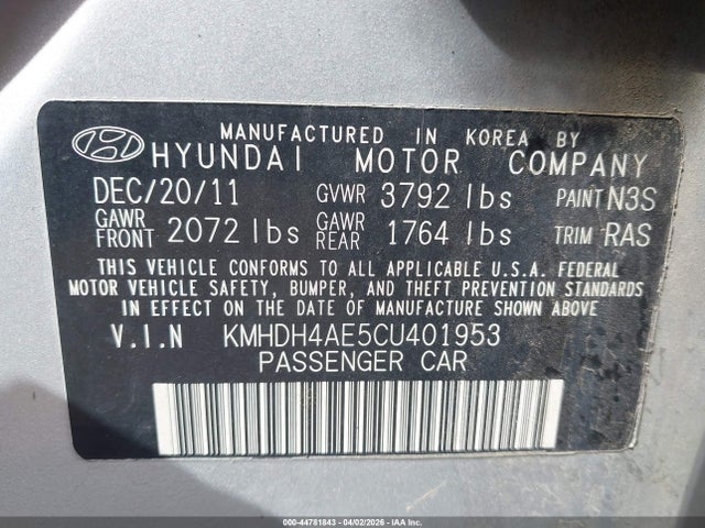 2012 Hyundai Elantra Gls (ulsan Plant) მანქანა იყიდება აუქციონზე, vin: KMHDH4AE5CU401953, აუქციონის ნომერი: 44781843