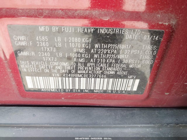 44781853 :رقم المزاد ، 4S4BRBMC0E3277666 vin ، 2014 Subaru Outback 2.5i Limited مزاد بيع