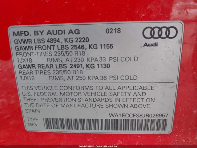 44781857 :رقم المزاد ، WA1ECCFS8JR026957 vin ، 2018 Audi Q3 2.0t Premium/2.0t Sport Premium مزاد بيع