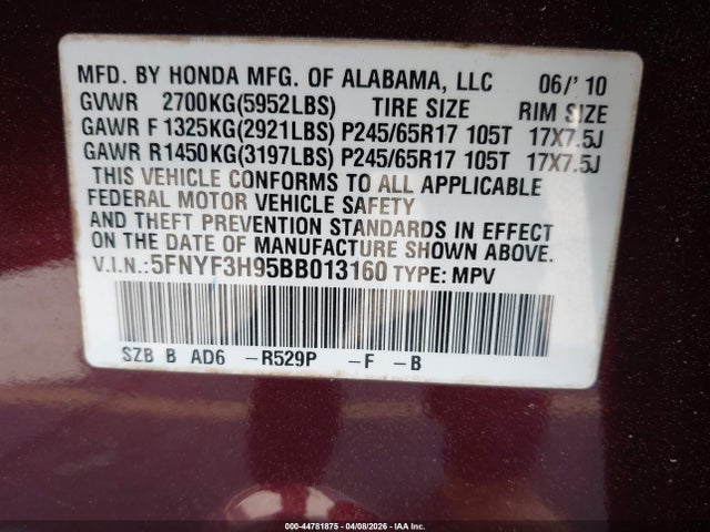 2011 HONDA PILOT 5FNYF3H95BB013160 Photo 8