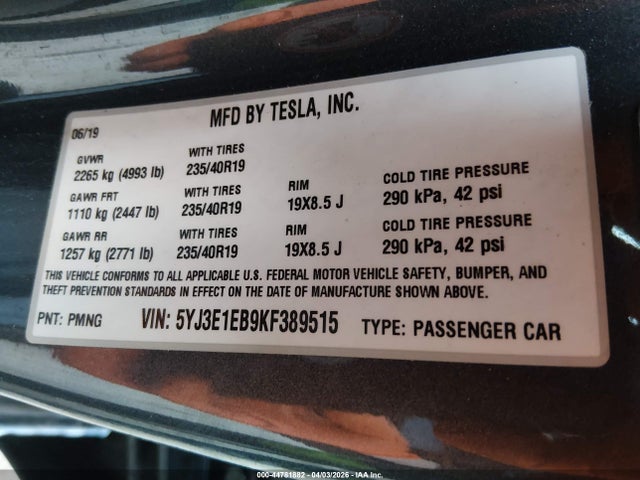 5YJ3E1EB9KF389515 Tesla Model 3 Long Range/performance