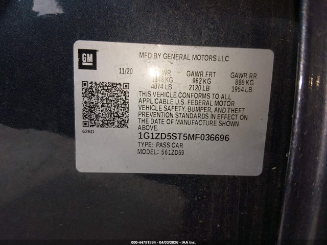 44781894 :رقم المزاد ، 1G1ZD5ST5MF036696 vin ، 2021 Chevrolet Malibu Fwd Lt مزاد بيع