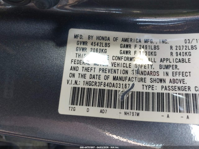 44781907 :رقم المزاد ، 1HGCR3F84DA031674 vin ، 2013 Honda Accord Ex-l V-6 مزاد بيع