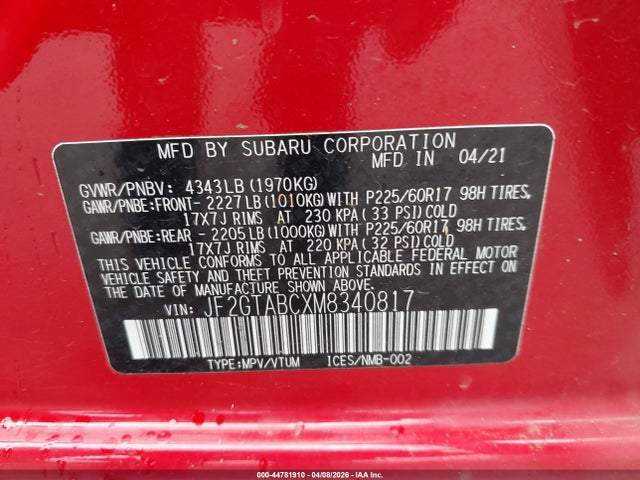 Subaru Crosstrek 2021 JF2GTABCXM8340817 Image 9