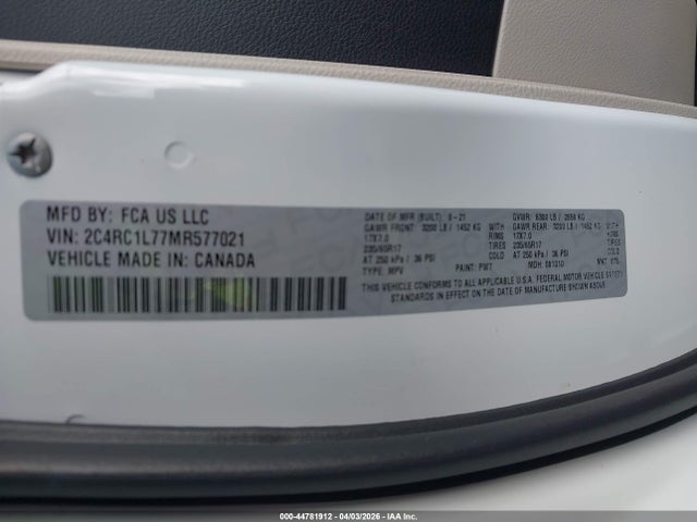 2021 Chrysler Pacifica Hybrid Touring L მანქანა იყიდება აუქციონზე, vin: 2C4RC1L77MR577021, აუქციონის ნომერი: 44781912