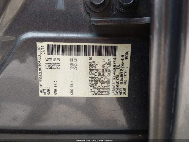 2014 Nissan Maxima 3.5 Sv მანქანა იყიდება აუქციონზე, vin: 1N4AA5AP1EC480054, აუქციონის ნომერი: 44781915