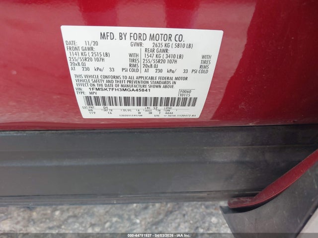 Продаж на аукціоні авто 2021 Ford Explorer Limited, vin: 1FMSK7FH3MGA45841, номер лоту: 44781927