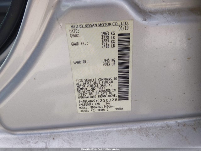 2019 Nissan Altima 2.5 S მანქანა იყიდება აუქციონზე, vin: 1N4BL4BV7KC250326, აუქციონის ნომერი: 44781938