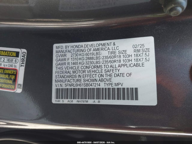 5FNRL6H61SB047214 Honda Odyssey Ex-l