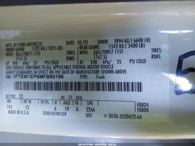 2021 Ford F-150 Xl მანქანა იყიდება აუქციონზე, vin: 1FTEW1EP8MFB80198, აუქციონის ნომერი: 44781986