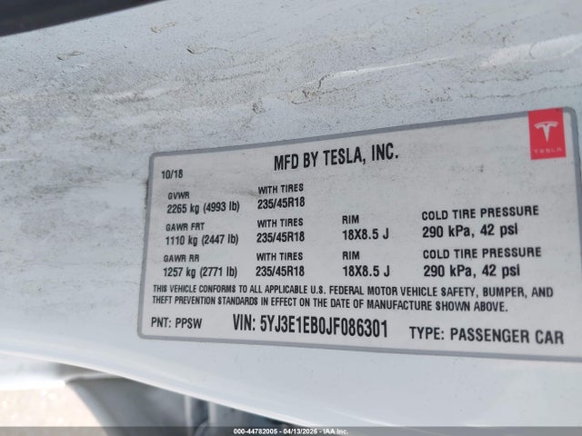 2018 Tesla Model 3 Long Range/performance მანქანა იყიდება აუქციონზე, vin: 5YJ3E1EB0JF086301, აუქციონის ნომერი: 44782005