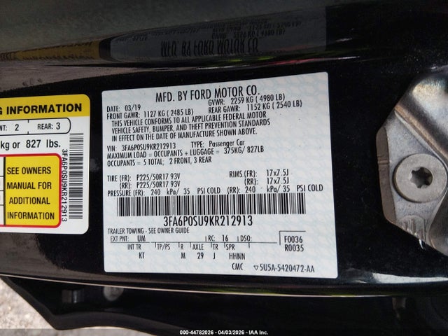 Aukcja sprzedaży 2019 Ford Fusion Energi Titanium, vin: 3FA6P0SU9KR212913, numer aukcji: 44782026