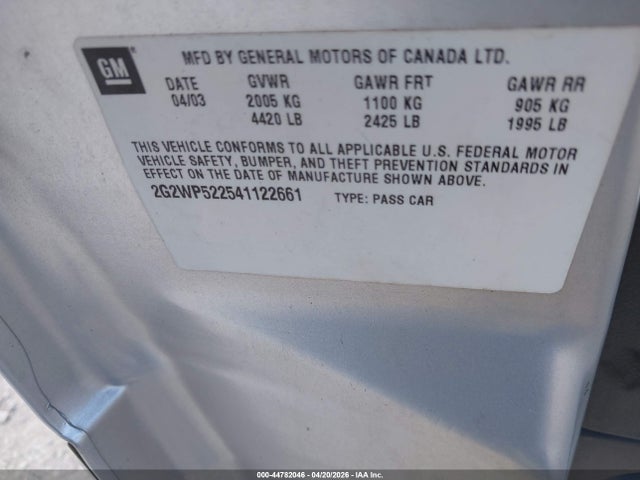 44782046 :رقم المزاد ، 2G2WP522541122661 vin ، 2004 Pontiac Grand Prix Gt1 مزاد بيع