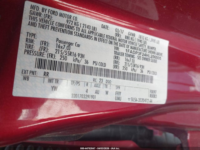 Продаж на аукціоні авто 2017 Ford Focus Se, vin: 1FADP3F24HL256505, номер лоту: 44782047