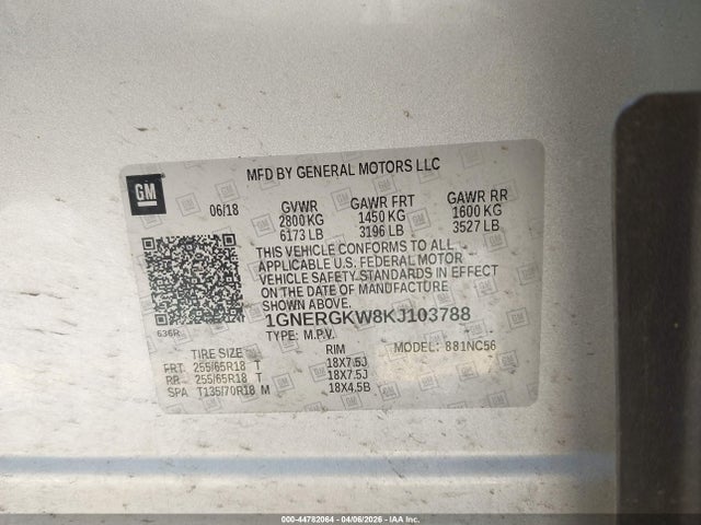 44782064 :رقم المزاد ، 1GNERGKW8KJ103788 vin ، 2019 Chevrolet Traverse 1lt مزاد بيع