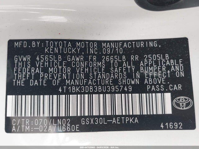 Aukcja sprzedaży 2011 Toyota Avalon Limited, vin: 4T1BK3DB3BU395749, numer aukcji: 44782065