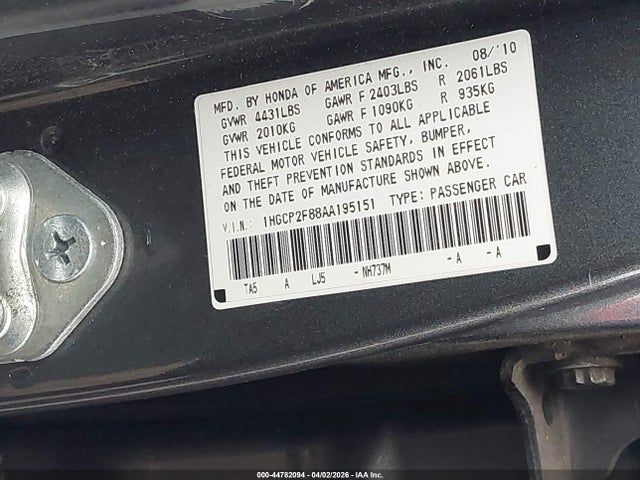 2010 Honda Accord 2.4 Ex-l მანქანა იყიდება აუქციონზე, vin: 1HGCP2F88AA195151, აუქციონის ნომერი: 44782094