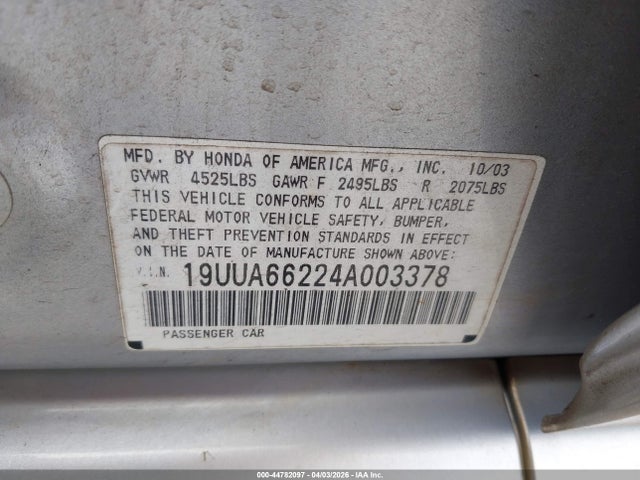 44782097 :رقم المزاد ، 19UUA66224A003378 vin ، 2004 Acura Tl مزاد بيع