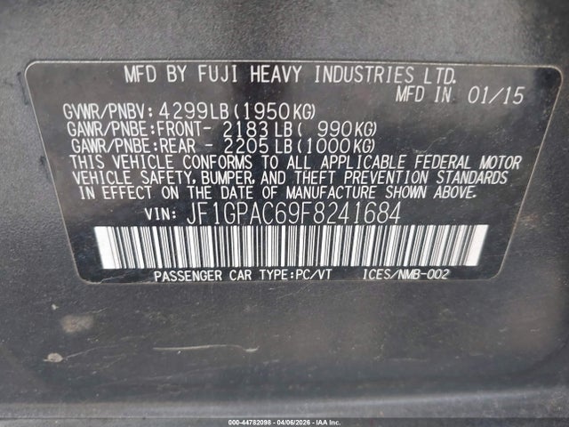44782098 :رقم المزاد ، JF1GPAC69F8241684 vin ، 2015 Subaru Impreza 2.0i Premium مزاد بيع