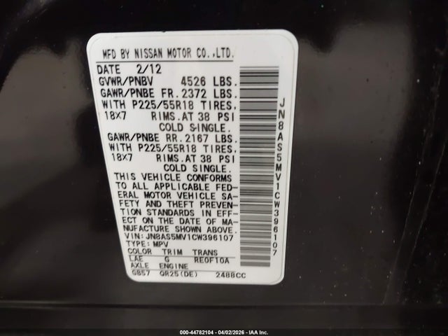 Aukcja sprzedaży 2012 Nissan Rogue Sv W/sl Pkg, vin: JN8AS5MV1CW396107, numer aukcji: 44782104