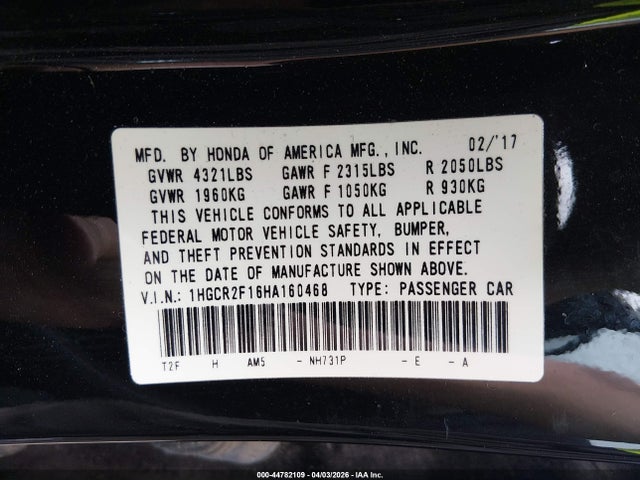Продажа на аукционе авто 2017 Honda Accord Sport Se, vin: 1HGCR2F16HA160468, номер лота: 44782109