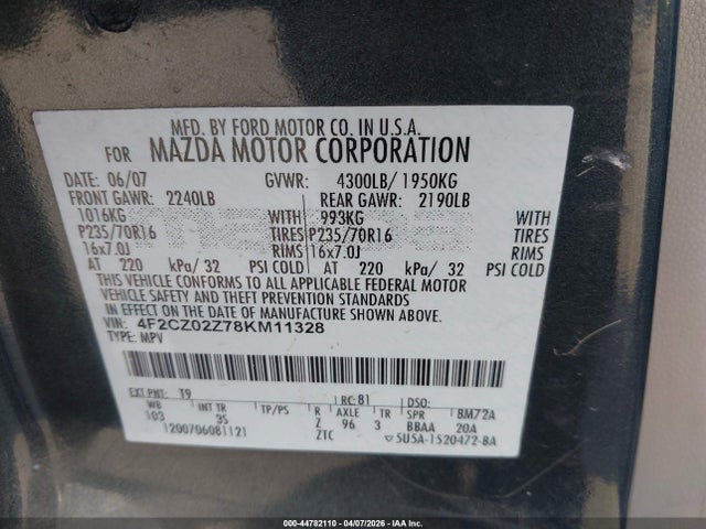 Продажа на аукционе авто 2008 Mazda Tribute I Sport, vin: 4F2CZ02Z78KM11328, номер лота: 44782110