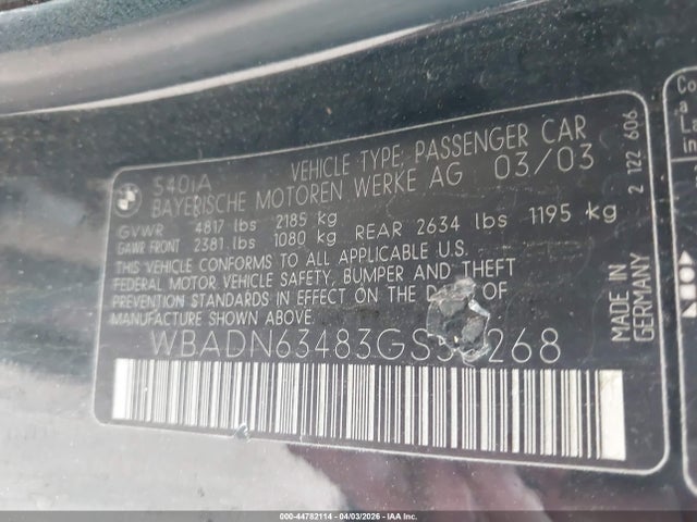 Продажа на аукционе авто 2003 Bmw 540ia, vin: WBADN63483GS56268, номер лота: 44782114