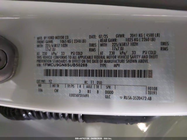 44782136 :رقم المزاد ، 1FMCU9GN8SUB50288 vin ، 2025 Ford Escape Active مزاد بيع