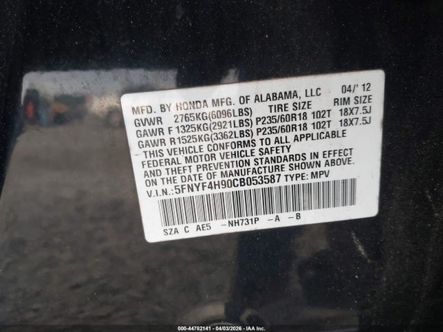44782141 :رقم المزاد ، 5FNYF4H90CB053587 vin ، 2012 Honda Pilot Touring مزاد بيع