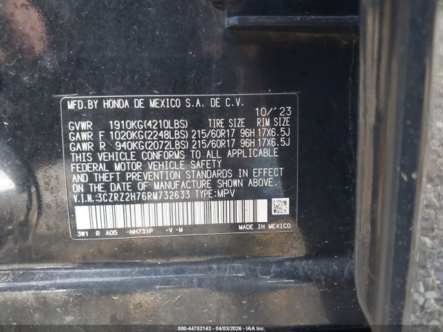 44782143 :رقم المزاد ، 3CZRZ2H76RM732633 vin ، 2024 Honda Hr-v Awd Ex-l/awd Ex-l W/o Bsi مزاد بيع