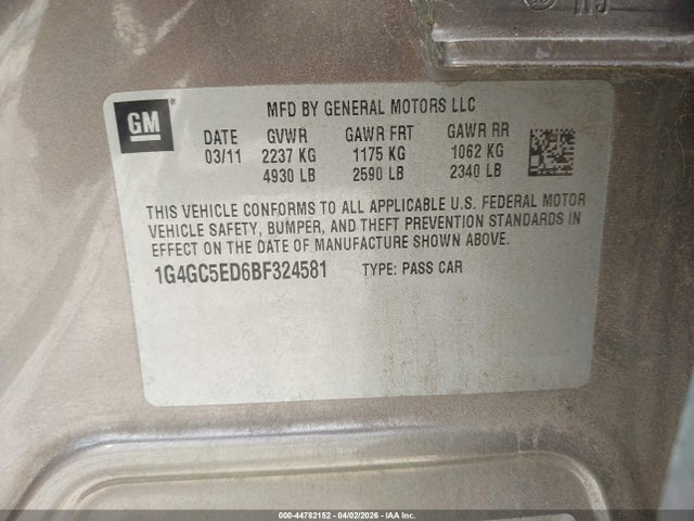 44782152 :رقم المزاد ، 1G4GC5ED6BF324581 vin ، 2011 Buick Lacrosse Cxl مزاد بيع