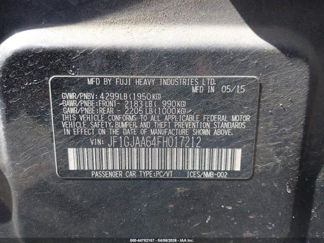 2015 Subaru Impreza 2.0i მანქანა იყიდება აუქციონზე, vin: JF1GJAA64FH017212, აუქციონის ნომერი: 44782157
