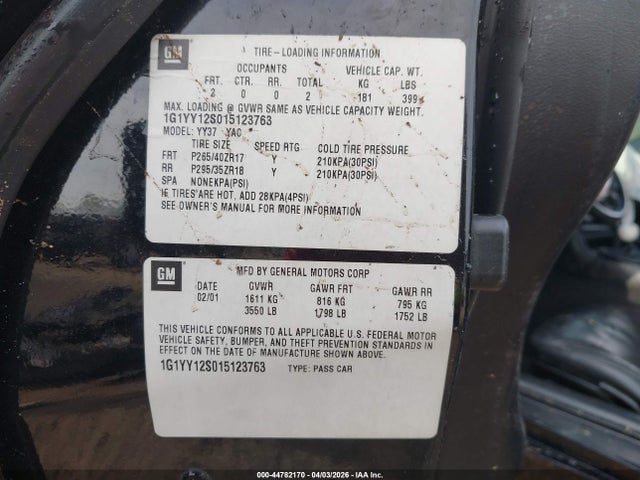 2001 Chevrolet Corvette Z06 Hardtop მანქანა იყიდება აუქციონზე, vin: 1G1YY12S015123763, აუქციონის ნომერი: 44782170