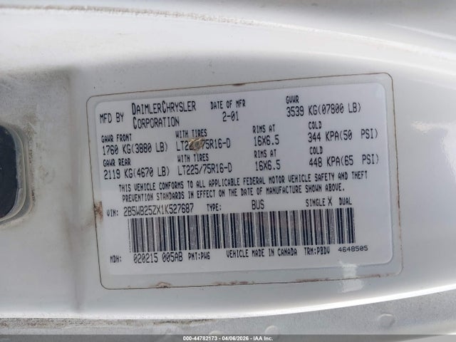 Aukcja sprzedaży 2001 Dodge Ram Wagon 2500, vin: 2B5WB25ZX1K527687, numer aukcji: 44782173