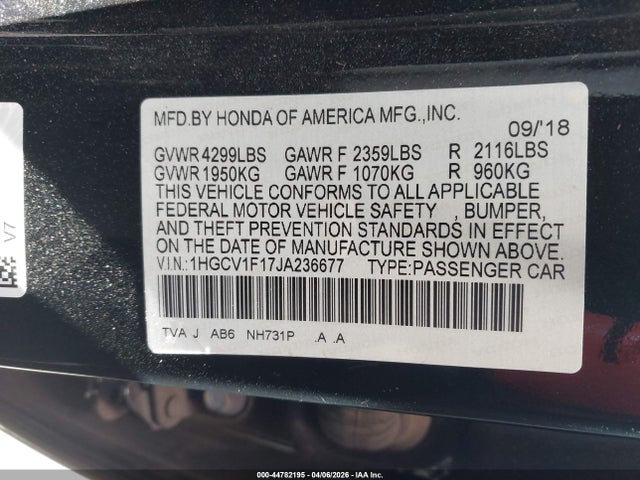 44782195 :رقم المزاد ، 1HGCV1F17JA236677 vin ، 2018 Honda Accord Lx مزاد بيع