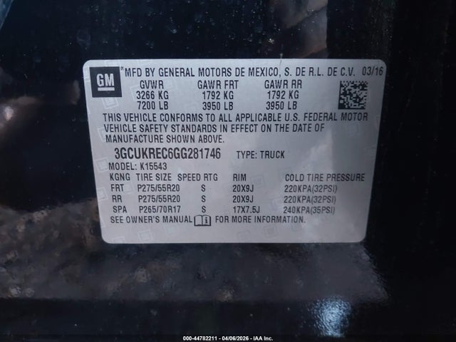 Продаж на аукціоні авто 2016 Chevrolet Silverado 1500 2lt, vin: 3GCUKREC6GG281746, номер лоту: 44782211