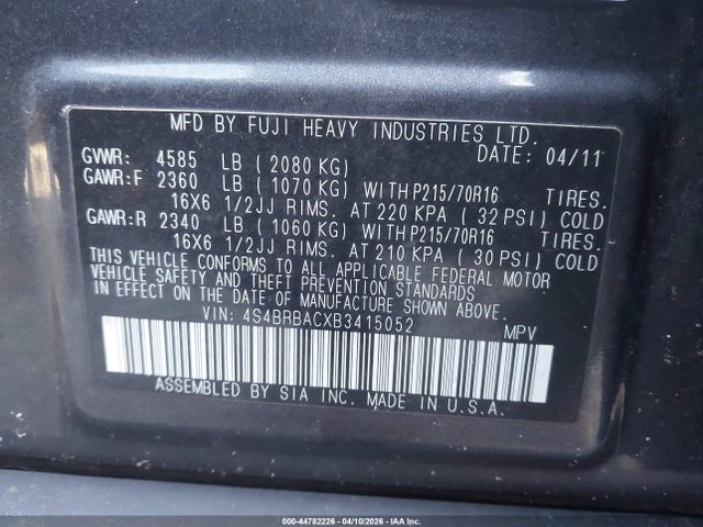 2011 Subaru Outback 2.5i მანქანა იყიდება აუქციონზე, vin: 4S4BRBACXB3415052, აუქციონის ნომერი: 44782226
