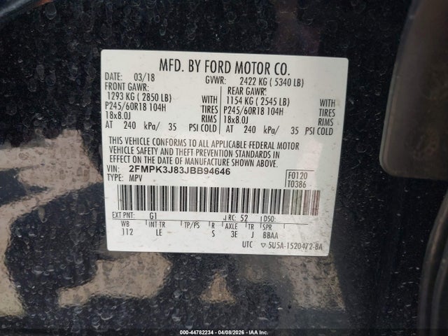 Продаж на аукціоні авто 2018 Ford Edge Sel, vin: 2FMPK3J83JBB94646, номер лоту: 44782234