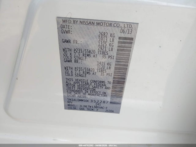 2013 Infiniti Jx35 მანქანა იყიდება აუქციონზე, vin: 5N1AL0MM5DC352287, აუქციონის ნომერი: 44782262