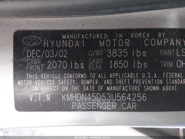 2003 HYUNDAI ELANTRA KMHDN45D53U564256 Photo 8