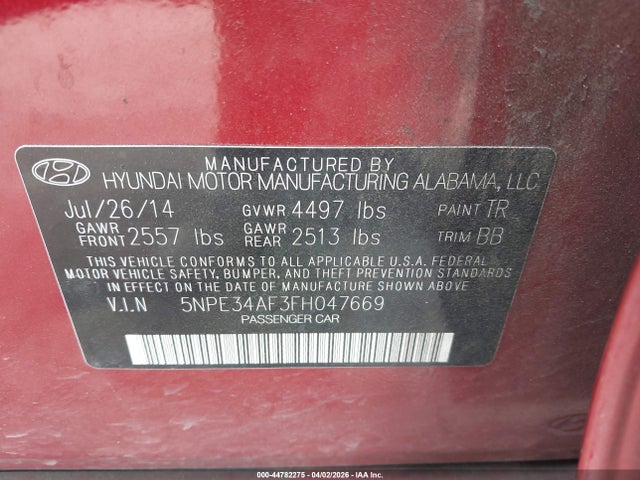 2015 Hyundai Sonata Limited მანქანა იყიდება აუქციონზე, vin: 5NPE34AF3FH047669, აუქციონის ნომერი: 44782275