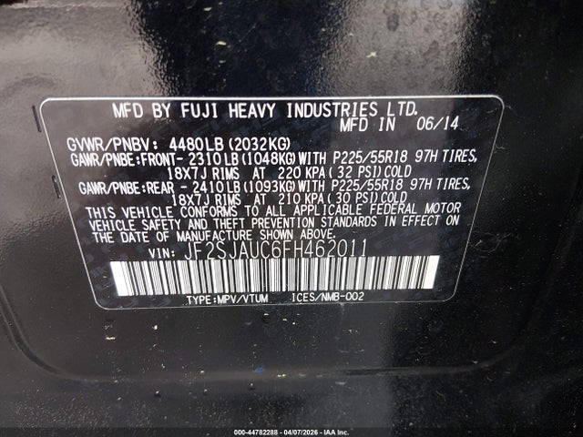 2015 Subaru Forester 2.5i Touring მანქანა იყიდება აუქციონზე, vin: JF2SJAUC6FH462011, აუქციონის ნომერი: 44782288