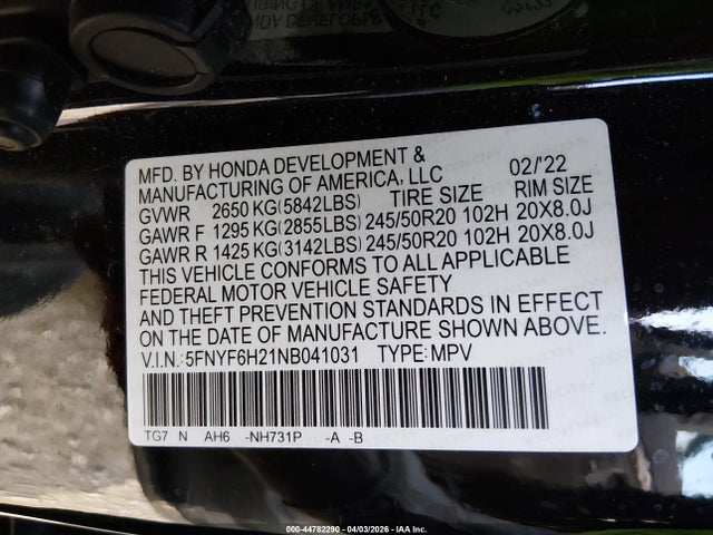 Продаж на аукціоні авто 2022 Honda Pilot Awd Special Edition, vin: 5FNYF6H21NB041031, номер лоту: 44782290