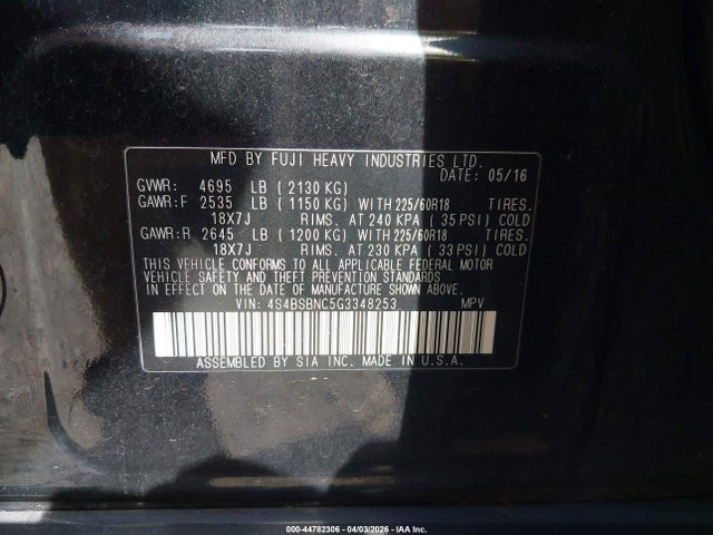 Продаж на аукціоні авто 2016 Subaru Outback 2.5i Limited, vin: 4S4BSBNC5G3348253, номер лоту: 44782306