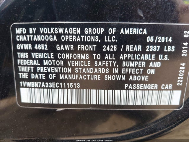 Продаж на аукціоні авто 2014 Volkswagen Passat 2.0l Tdi Se, vin: 1VWBN7A33EC111513, номер лоту: 44782309
