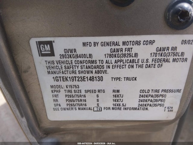 Aukcja sprzedaży 2003 Gmc Sierra 1500 Sle, vin: 1GTEK19T23E148130, numer aukcji: 44782324