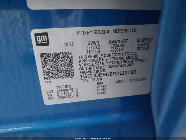 Aukcja sprzedaży 2023 Chevrolet Silverado 1500 4wd  Short Bed Rst, vin: 1GCUDEED8PZ110783, numer aukcji: 44782337